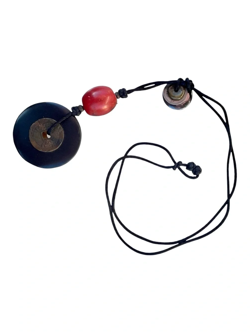 Asian Chinese Coin Donut Medallion Pendant Cord Necklace
